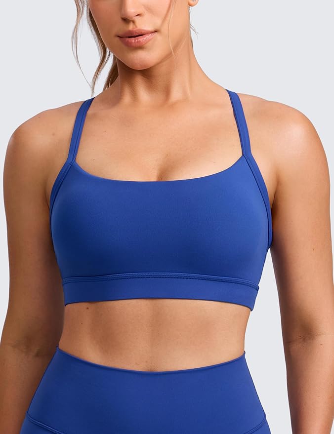 CRZ YOGA Butterlift Cut-Out Cross Back Sports Bras for Women - Medium Impact Adjustable Thin Straps Pilates Padded Gym Tops