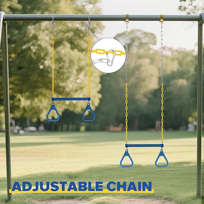 LadyRosian 17" Trapeze Bar Swing Set Gym Rings 47" Heavy Duty Chain Swing Set Accessories with Locking Carabiners Plastic Coated Chains Monkey Bars for Backyard, Playroom (Blue)