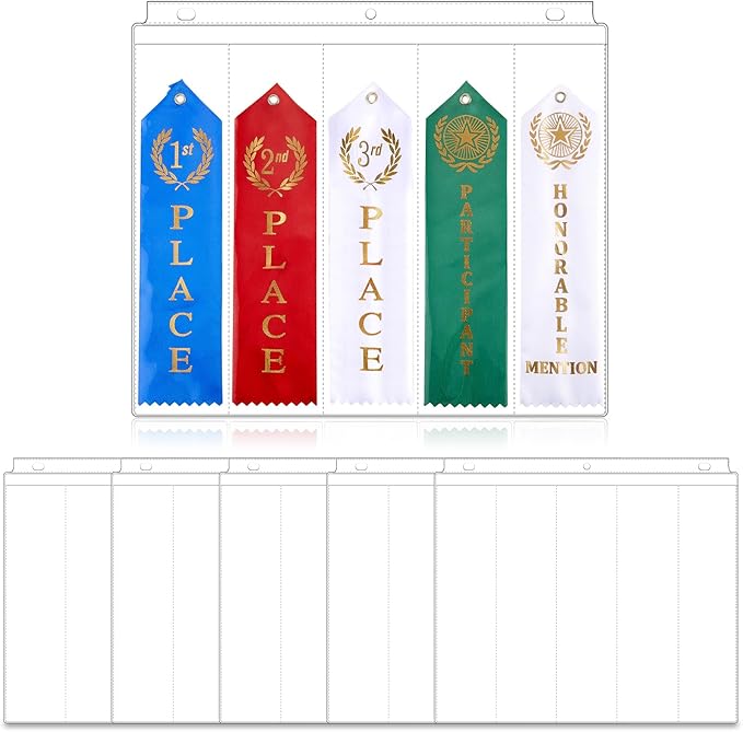 Henoyso Award Ribbon Organizer Holder Swimming Gymnastics Case Clear Blank Plastic Pages Sheets Storage Display Scrapbook Pockets for 3 Ring Binder Storage Prize Contest Competition(25 Pieces)