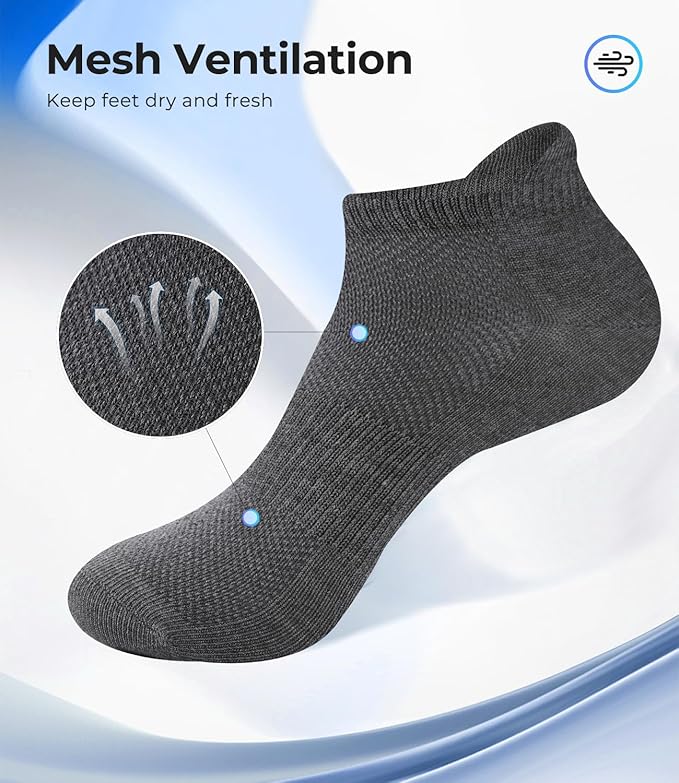 BAMBOO COOL Men's Ankle Socks Athletic Low Cut Heel Tab Cushioned Moisture Wicking, Running Arch Support Breathable, 8 Pack