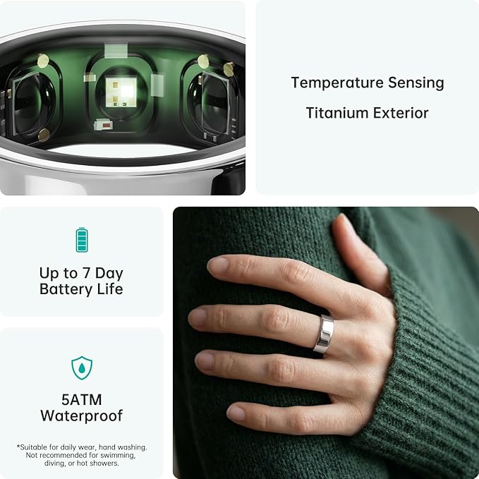 opove O Ring Smart Ring, Fitness Trackers Rings with Sleep/Stress/Heart Rate/Women's Health Monitoring, Comfortable Wearing, Up to 7 Days Using, Fitness Ring for Android & iOS, Silver-Size12