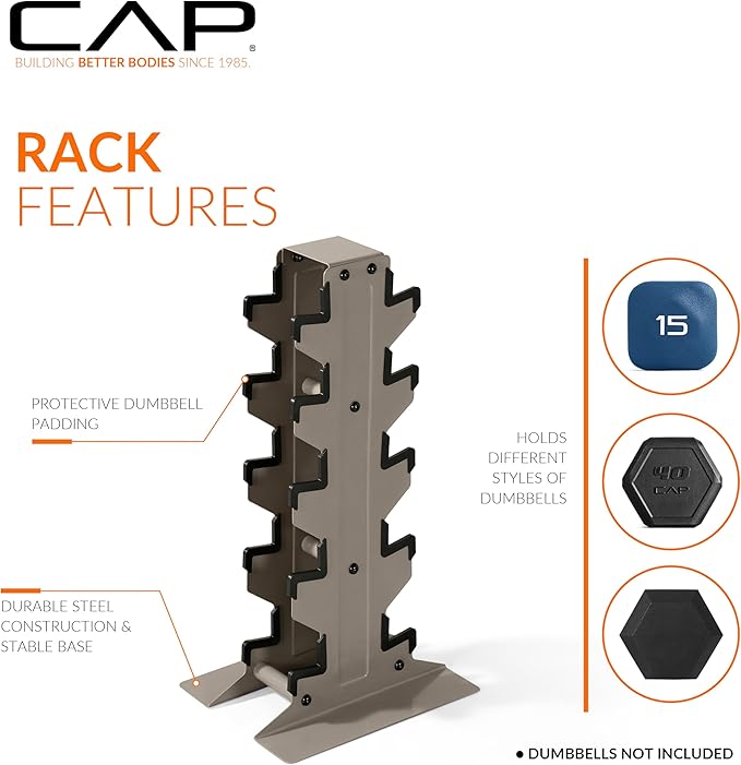 CAP Barbell Rubber Coated Hex Dumbbell Set with Vertical Rack | 100-300 lbs Free Weights Dumbbells Set for Home Gym | Multiple Options