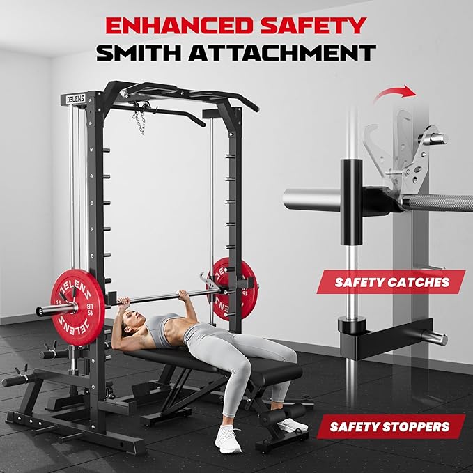 JELENS SR01 Smith Machine, 2000LBS Multi-Function Power Cage with LAT Pulldown System, All-in-One Home Gym Squat Rack with Smith Bar and Training Attachments for Full Body Workouts