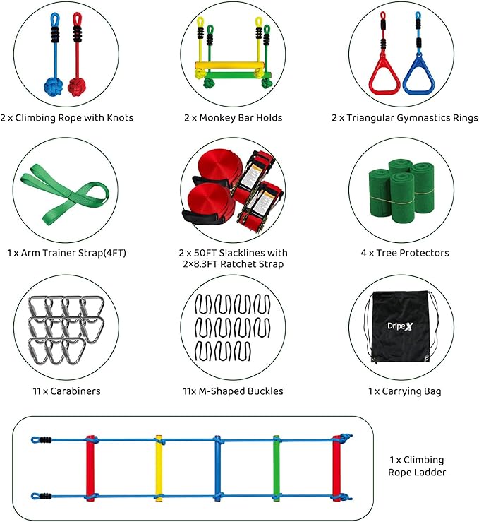 Dripex Ninja Warrior Obstacle Course for Kids, 2×50ft Slack Lines for Backyard with 8 Ninja Accessories - Monkey Bar, Rope Ladder, Gymnastic Ring, Arm Trainer and Monkey Fist