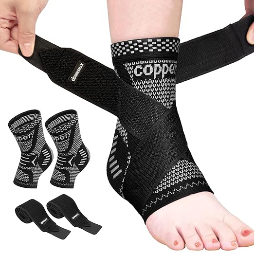 INDEEMAX Ankle Brace for Sprained Ankle Compression Sleeve, Copper Infused Ankle Support Brace for Women & Men, Plantar Fasciitis Relief Achilles Tendonitis, Sports Running, Silver Black, XL