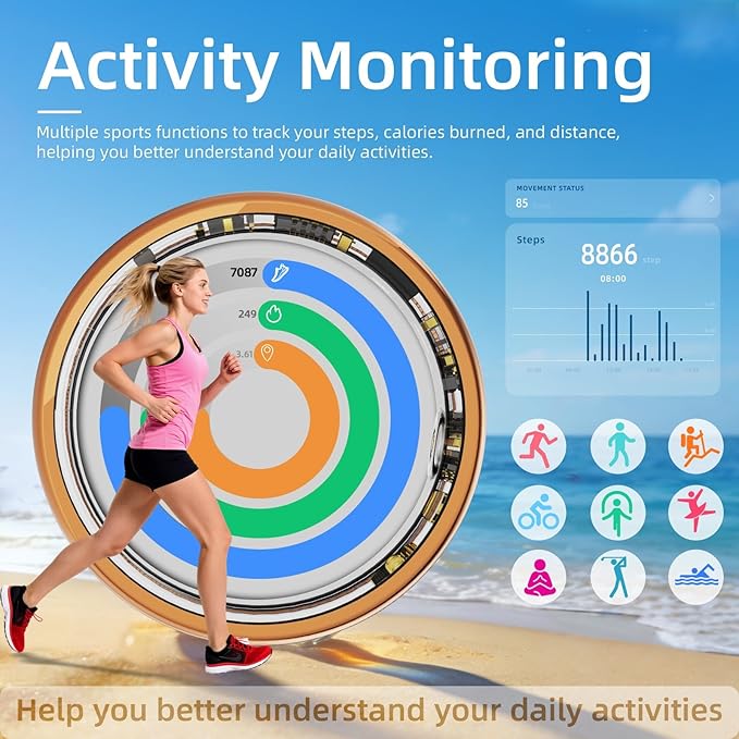 Smart Ring for Women& Men, Fitness Ring & Sleep Tracker Health Tracker With Heart Rate & Blood Oxygen Monitor, Step Counter Ring,IP68 Waterproof, No Subscription Fee for IOS & Android (Gold, #7)
