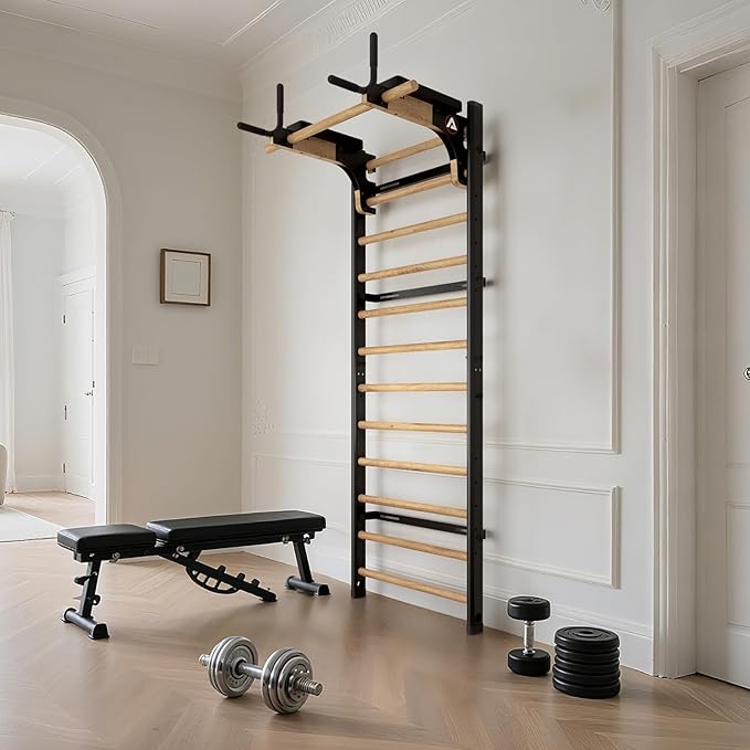 Swedish Ladder Pro, Wood Stall Bar with Push-Through Bar, Adjustable Pull-Up Dip Bar for Adults and Kids, Accessories Bundle, Spring, for Home, School, Physical Therapy and Gymnastics