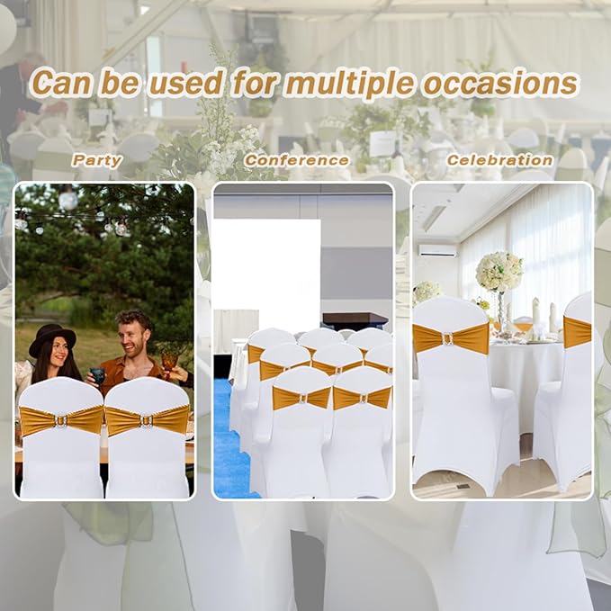 Joccun 120 PCS Spandex Chair Sashes Bows Stretch Chair Cover Band with Buckle Slider Universal Elastic Chair Ties for Wedding Banquet Party Event Decoration (Gold)