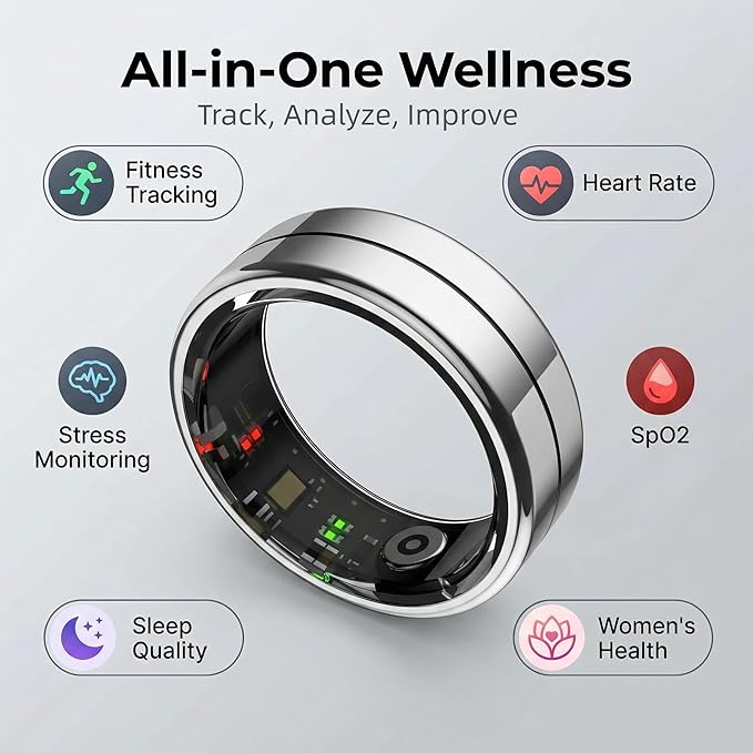 Smart Ring with Exclusive APP（no subscription fee） & Bluetooth 5.1, Magnetic Charging 18mAh Battery, 24/7 Fitness & Health Monitor (Heart Rate, Blood Oxygen, Sleep Tracking) (Silver, 13#)
