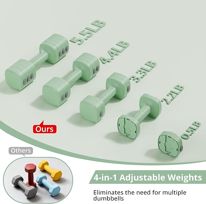 2-in-1 Adjustable Dumbbell Set for Women - 4 Levels (2.2lbs to 12.1lbs) - Home Gym Weights for Women at Home - Fitness Dumbbells