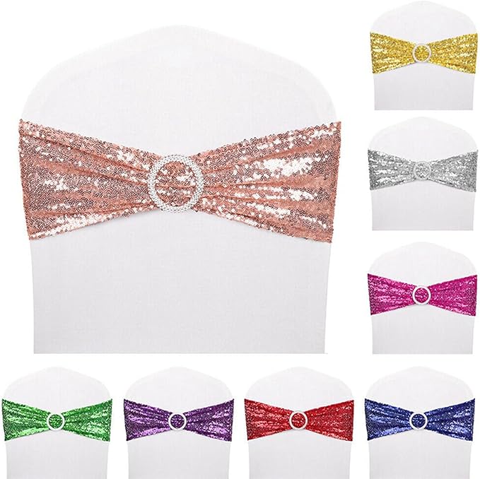 Dimatic 50 PCS Stretch Sequin Chair Sashes Chair Stretchy Spandex Bands for Wedding Reception Events Banquets Chairs Decoration (Rose Gold)