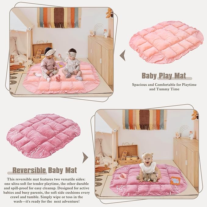 5-in-1 Plush Baby Play Gym, Baby Play Mats, Convertible Baby Gym, Tummy time mat, 6 Sensory Toys, Activity Center, Ball Pit, Light Pink