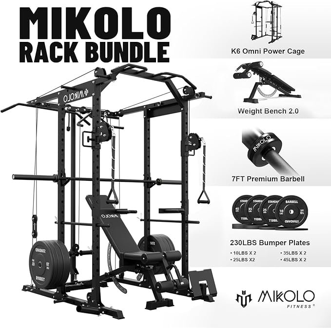Mikolo Power Cage, Power Rack with Cable Crossover System, 1500LBS Squat Rack with LAT Pull Down System, Workout Cage with Pulley System for Fitness Home Gym