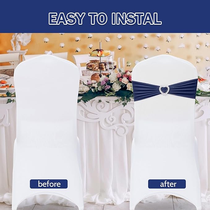 Howhic Pack of 30 Spandex Chair Sashes Bows Stretch Chair Cover Band with Buckle Slider Universal Elastic Chair Ties for Wedding Banquet Party Event Decoration (Navy)