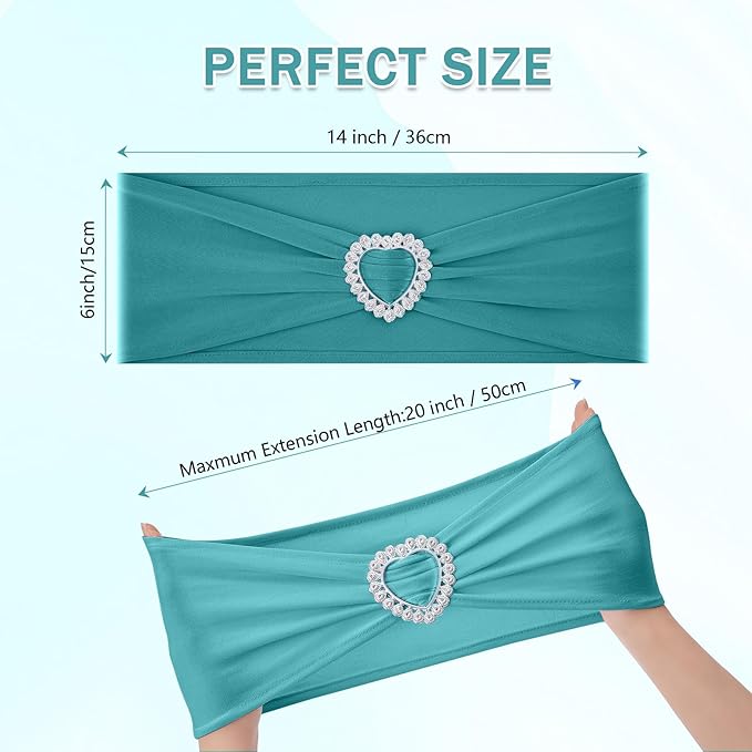 Howhic Pack of 30 Spandex Chair Sashes Bows Stretch Chair Cover Band with Buckle Slider Universal Elastic Chair Ties for Wedding Banquet Party Event Decoration (Turquoise)