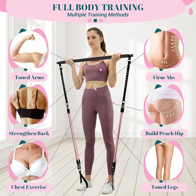 COFOF Pilates Bar Kit with Resistance Bands, Multifunctional Yoga Pilates Bar with Heavy-Duty Metal Adjustment Buckle, Portable Home Gym Pilates Resistance Bar Kit for Women Full Body Workouts
