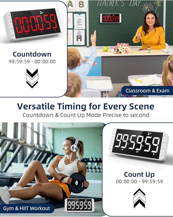 7.8" Digital Kitchen Timer with Large LED Display, Magnetic Rechargeable Countdown Timer, 5 Alarms & 4 Volume Levels, 99H Count Up/Down Timer for Cooking, Classroom & Study