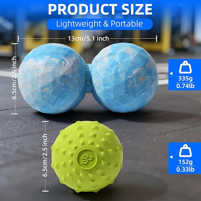 Peanut & Spiky Massage Ball Set, Double Lacrosse Peanut Roller + Firm Spiky Ball for Deep Tissue Myofascial Release, Trigger Point Therapy, Plantar Fasciitis & Muscle Recovery (Blue+Yellow)