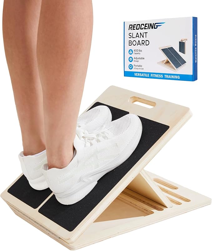 Adjustable Wooden Slant Board for Calf Stretching, Deeper Stretch Incline Board, 5 Angle Levels, Non Slip Stable Design, 400 lb Capacity, Training Guide Included
