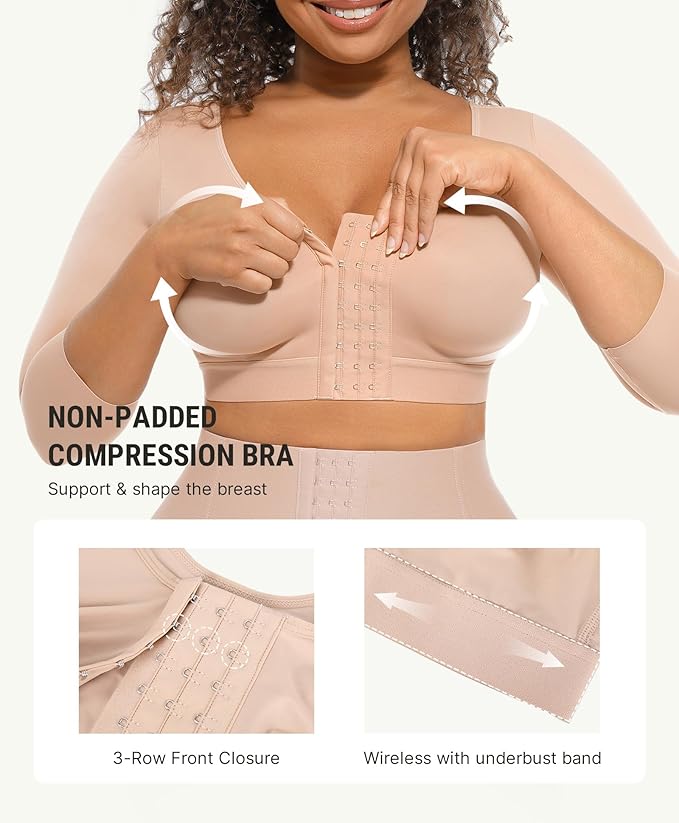 FeelinGirl Arm Shaper for Women Post Surgery Arm Lipo Compression Sleeves Slimming Arm Faja Front Closure Shapewear Bra