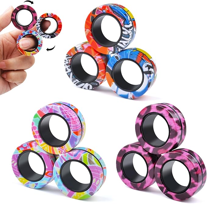 Cevioce Easter Basket Stuffers for Teens Boys Girls 9Pcs Magnetic Rings Fidget Toy Set, ADHD Anxiety Magnetic Fidget Toys Adults Fidget Spinner Rings for Relief, Easter Gifts for Kids 8+ Year Old C