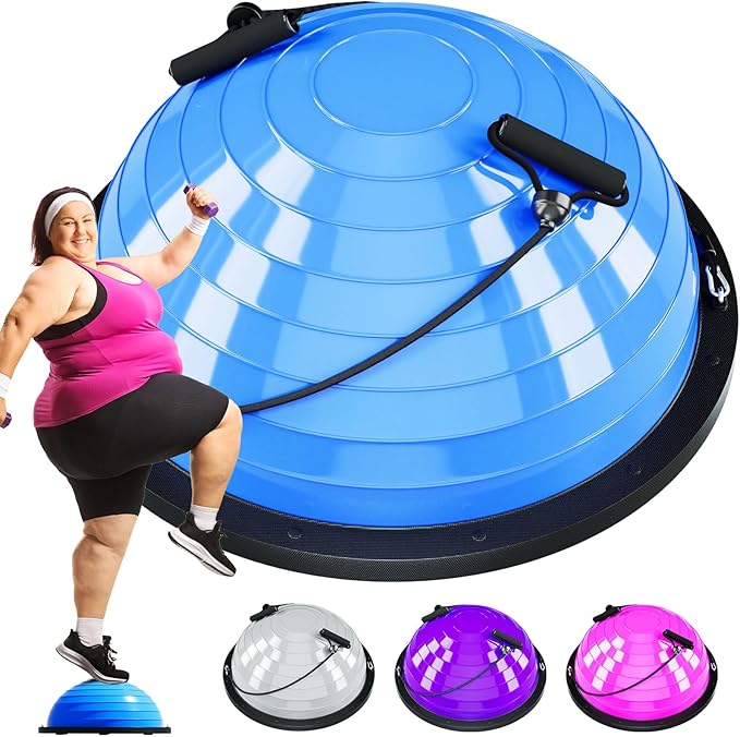 Half Balance Ball Trainer - 23 Inch Half Exercise Ball for Workout, Physical Therapy, Yoga, Home Gym, Core Strength, Stability, Fitness, Balance Training Equipment with Resistance Bands, Foot Pump