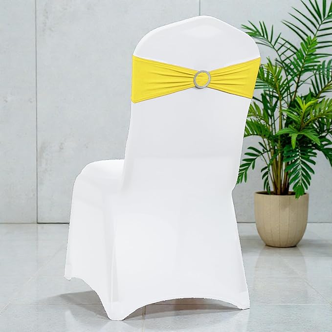 MDS Pack of 10 Spandex Chair Sashes Bow Premium Stretch Chair Cover Band with Buckle Slider Universal fits Elastic Dining Chair Ties for Wedding Party Banquet Events Decoration - Yellow