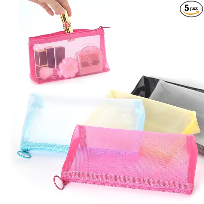 Patu Zipper Mesh Bags, Widened Long Case, 5 Pieces, Beauty Makeup Cosmetic Accessories Organizer, Travel Toiletry Kit Set Storage Pouch, Assorted Colors