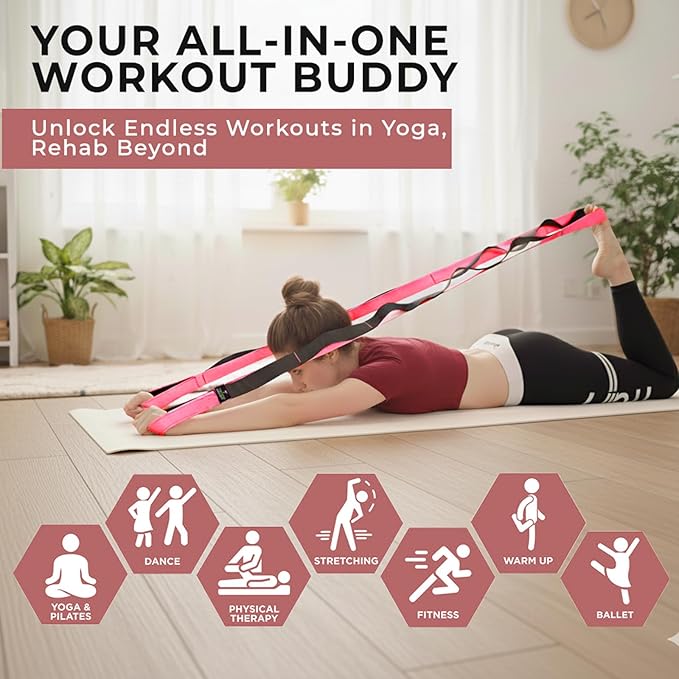 TAVIEW Yoga Strap for Stretching – Stretch Band with 12 Loops –Multi-Grip Pilates Hamstring Stretcher Belt – Physical Therapy Equipment for Best Flexibility