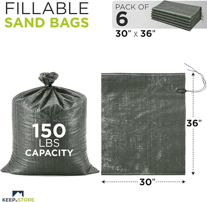 Heavy Duty Sand Bags Pack of 6, Army Green Empty Sandbags with Built-In Ties, Woven Polypropylene UV Protection 1600 Hours, Fillable Bags for Flood Control, Weight, 30x36 inches, 150 Pounds Volume