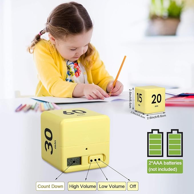 Weewooday Cube Timer, Gravity Sensor Flip Timer for ADHD Productivity, Classroom Kitchen Study Workout Cooking Desk Timers for Time Management, 15 20 30 60 Minutes Countdown Tool(Yellow)