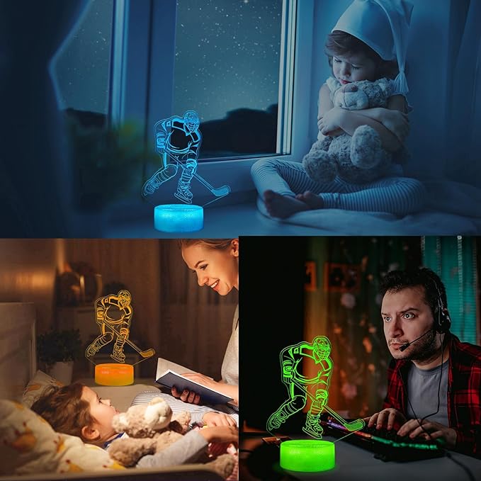 Hockey Night Light, Ice Hockey Gifts, Hockey 3D Lamp with Remote Control, 16 Colors Changing, RGB Flashing Mode, Timer and Dimmable for Birthday Xmas Cool Figurines Gifts for Room Decor Boys Girls