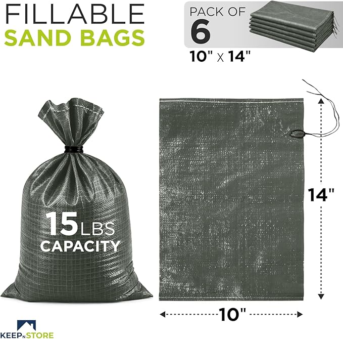 Heavy Duty Sand Bags Pack of 6, Army Green Empty Sandbags with Built-In Ties, Woven Polypropylene UV Protection 1600 Hours, Fillable Bags for Flood Control, Weight, 10x14 inches, 15 Pounds Volume