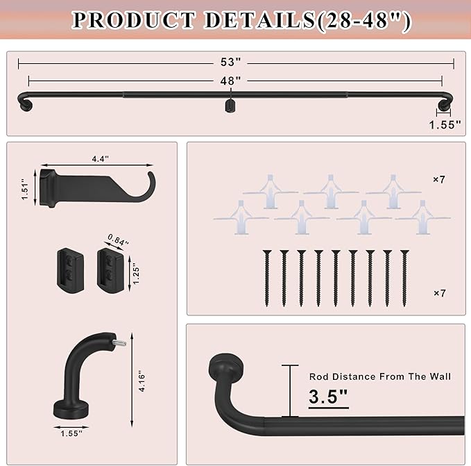 Black Curtain Rods 2 Pack,1 Inch Disc Curtain Rods for Windows 28 to 48",Blackout Wrap Around Curtain Rod with Aluminum Finials and Brackets,No Screw Disassembly Adjustable Curved Curtain Rod