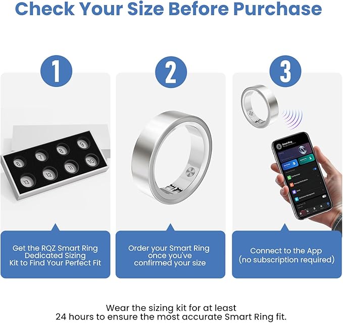 RQZ Smart Ring for Women Men, Fitness Tracker with Heart Rate Tracking, Sleep Tracking, Step Counter, Vibration Alert, 5ATM Waterproof, iOS Android Compatible, Silver Size 6