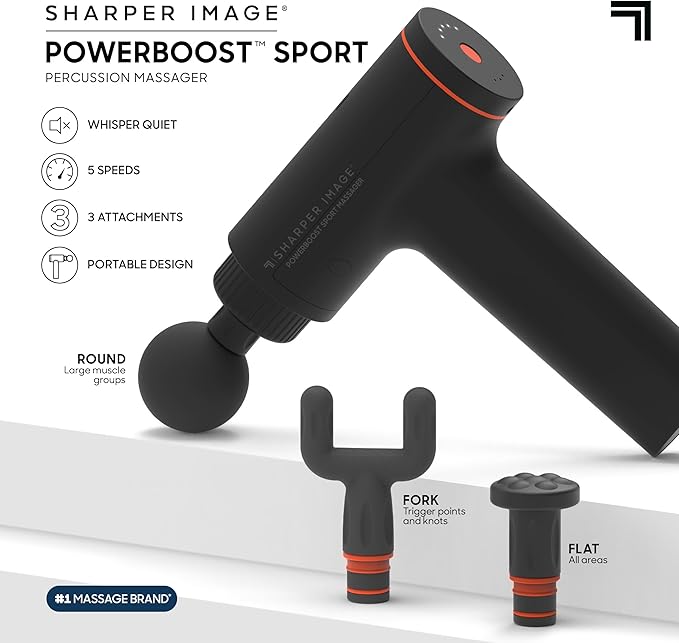 Sharper Image® Powerboost™ Sport Percussion Massager, Lightweight Portable Design with Quiet Drive Technology, Includes 3 Attachments