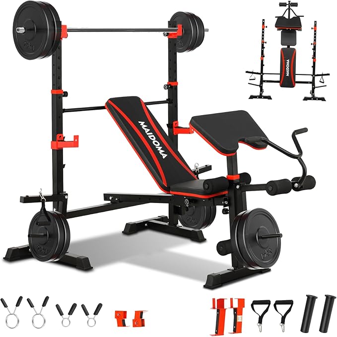 1500LBS 8 in 1 Weight Bench Set with Leg Extension/Curl and Preacher Curl, Bench Press Set and Barbell Rack with Safety Bar Catches, Foldable Workout Benches for Home(US Stock)