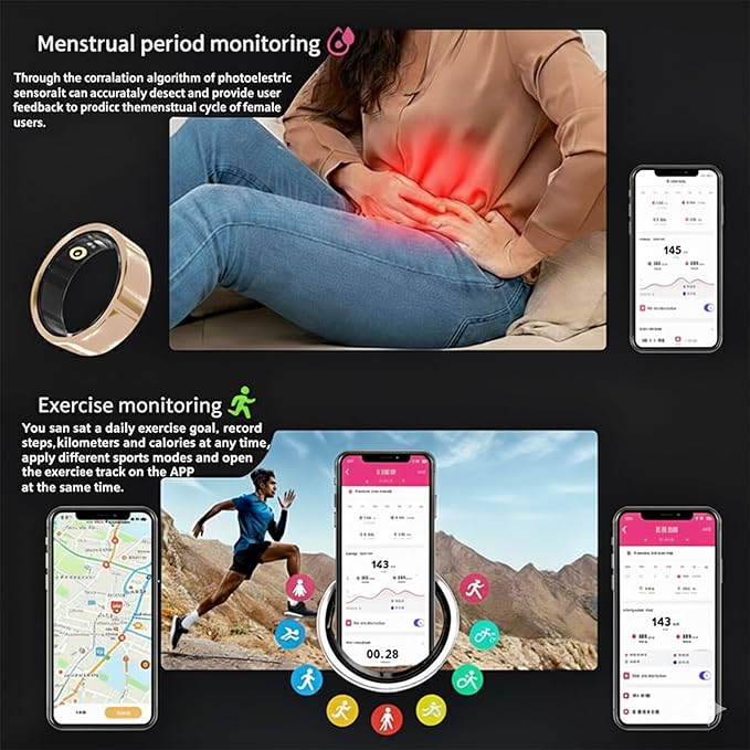 Smart Ring for Women Men, Fitness & Health Tracker with Vital Signs Monitoring, Sleep Tracker, Remote Photography, No Subscription(Gold,10#)