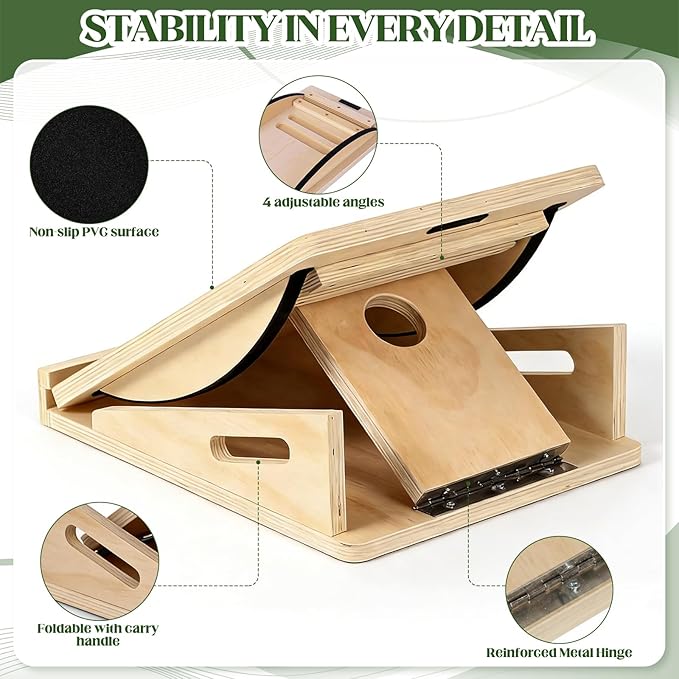 2-in-1 Wooden Slant Board & Balance Board, Adjustable Incline Calf Stretcher (15°–30°) for Plantar Fasciitis Relief & Balance Training, Portable Wood Incline Board with Resistance Bands