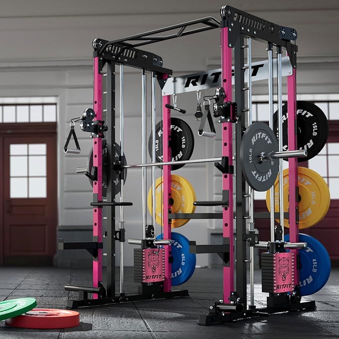 RitFit M1 Pro Smith Machine Package, All-in-One Power Cage with Weight Stack Set, Includes LAT Pulldown & Cable Crossover System for Home Gym
