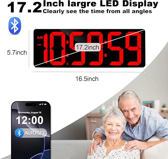 TXL 17.2" Bluetooth Digital Wall Clock with Seconds, Large Countdown Timer for Classroom Home Gym Kitchen Office, Alarm Clock with Remote Control, 4 Dimmable Brightness, Auto DST (Red)