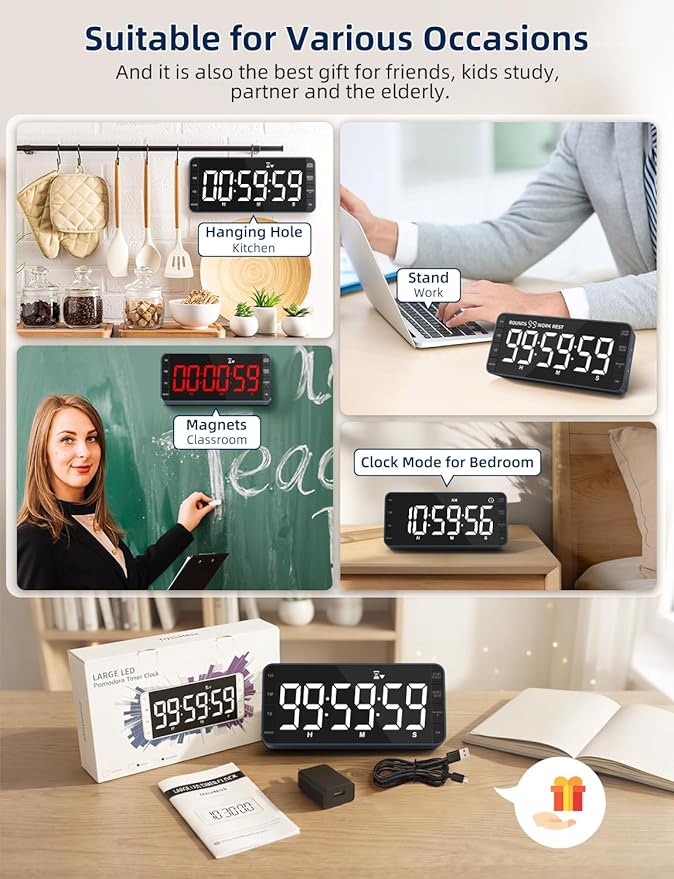 7.8" Digital Kitchen Timer with Large LED Display, Magnetic Rechargeable Countdown Timer, 5 Alarms & 4 Volume Levels, 99H Count Up/Down Timer for Cooking, Classroom & Study