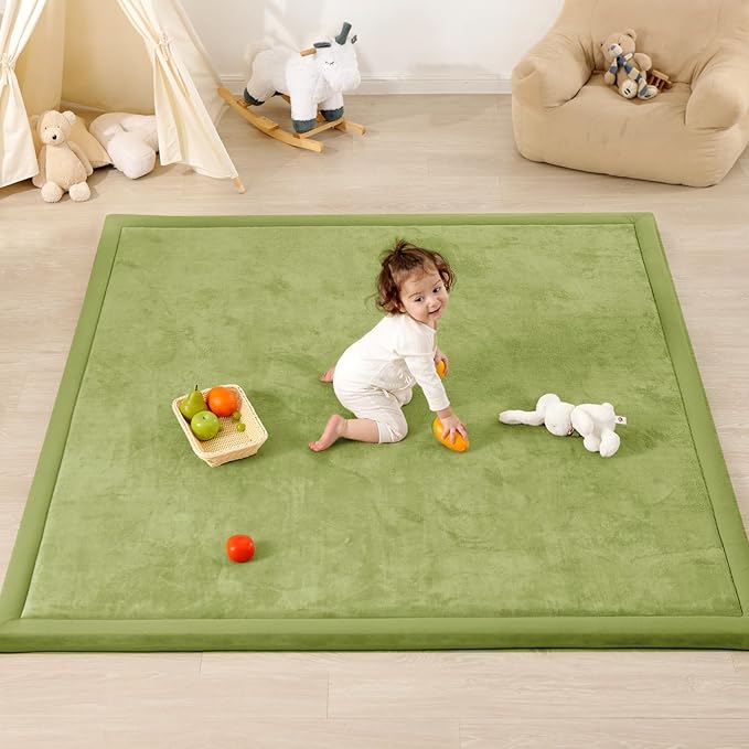 1.3" Thick Baby Floor Play Mat, 59x79 Padded Foam Tummy Time Crawling Mat, Non-Slip Water-Repellent Soft Plush Nursey Area Rug for Playroom Living Room (Olive Green)