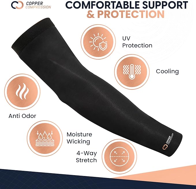 Copper Compression Arm Sleeve - Copper Infused Full Arm Brace for Forearm, Bicep, Triceps - Tennis Elbow, Basketball, Golf, Arthritis, Tendonitis, Bursitis, Post Surgery Rehab - Odor Resistant - Black - XL