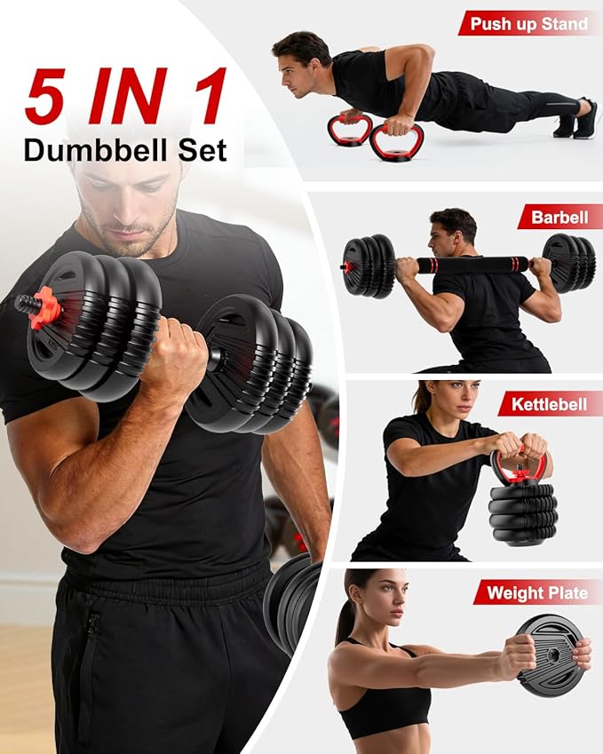 Adjustable Dumbbells, 20/30/45/70/90lbs Free Weight Set with Connector,5 in1 Dumbbells Set Used as Barbell,Kettlebells,Push up Stand,Fitness Exercises for Home Gym Suitable Men/Women