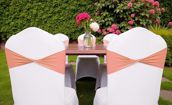 VDS Pack of 25 PCS | Coral Peach | Spandex Chair Sashes Bows Without Buckle | Stretch Elastic Banquet Universal Folding Chair Band Tie with for Wedding Party Conference Celebration Event Decoration