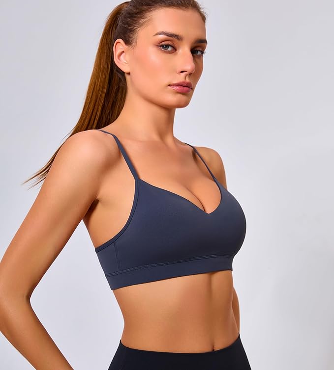 Oalka V Neck Sports Bra for Women Adjustable Padded Thin Straps Wireless Yoga Bras