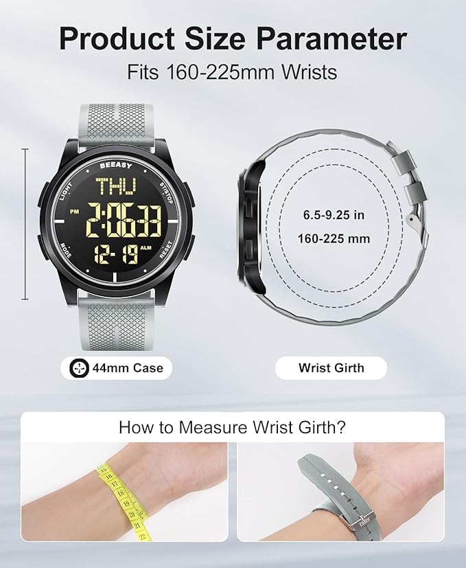 Beeasy Digital Watch for Men Women, 50M Waterproof, Ultra-Thin & Lightweight, 44mm Silicone Sports Watch with Alarm, Stopwatch, Countdown, Ideal for Gym, Running, School, Daily Wear