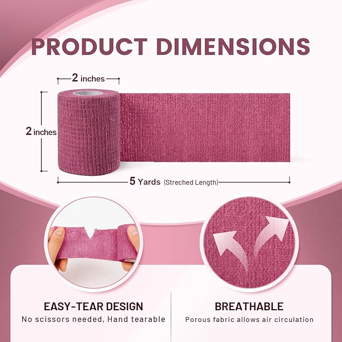 18 Pack Athletic Wrap Self Adhesive Bandage, 2 Inch Wide Elastic Sports Tape for Neon Pink, High Visibility Ankle Tape for Sports Wound Wrap, Ideal for Wrist Ankle Thumb Support