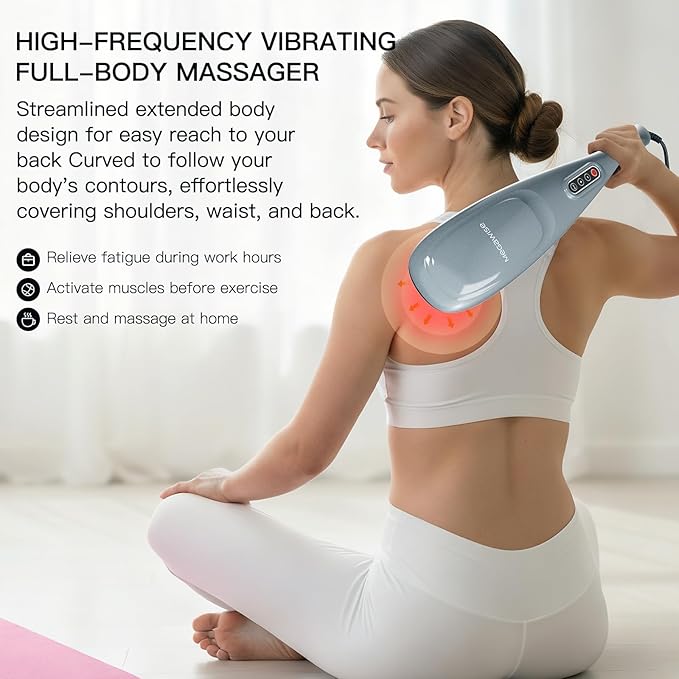 MEGAWISE Handheld Back Massager | Deep Tissue Percussion Massage for Back, Neck, Shoulders, Waist and Legs (Silver Grey) with 6ft Power Cord, Ergonomic Handle